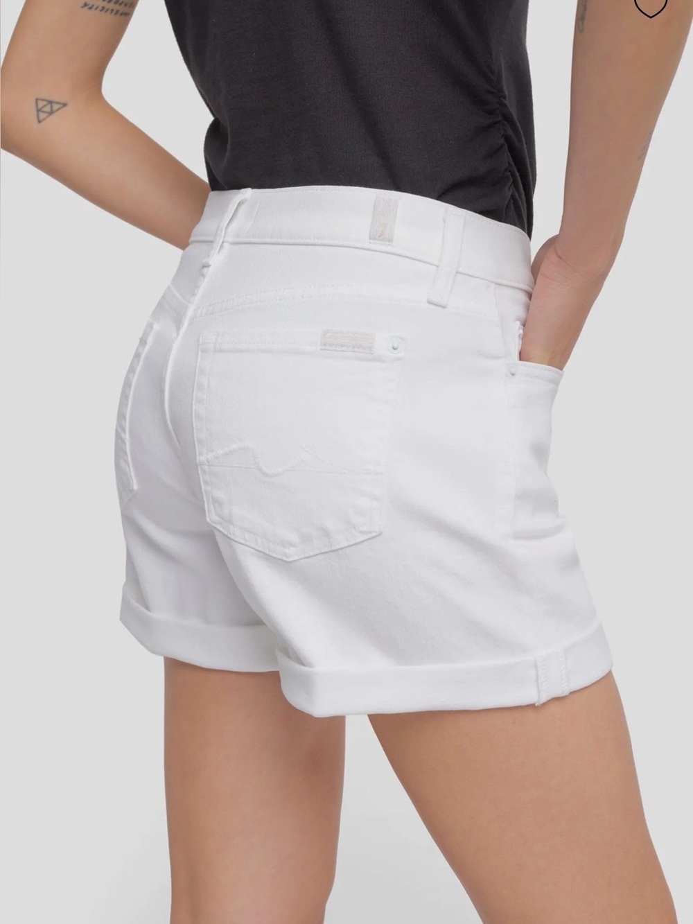 7 For All Mankind The Roll Up Short in Broken Twill White Cuffed Denim Shorts 26